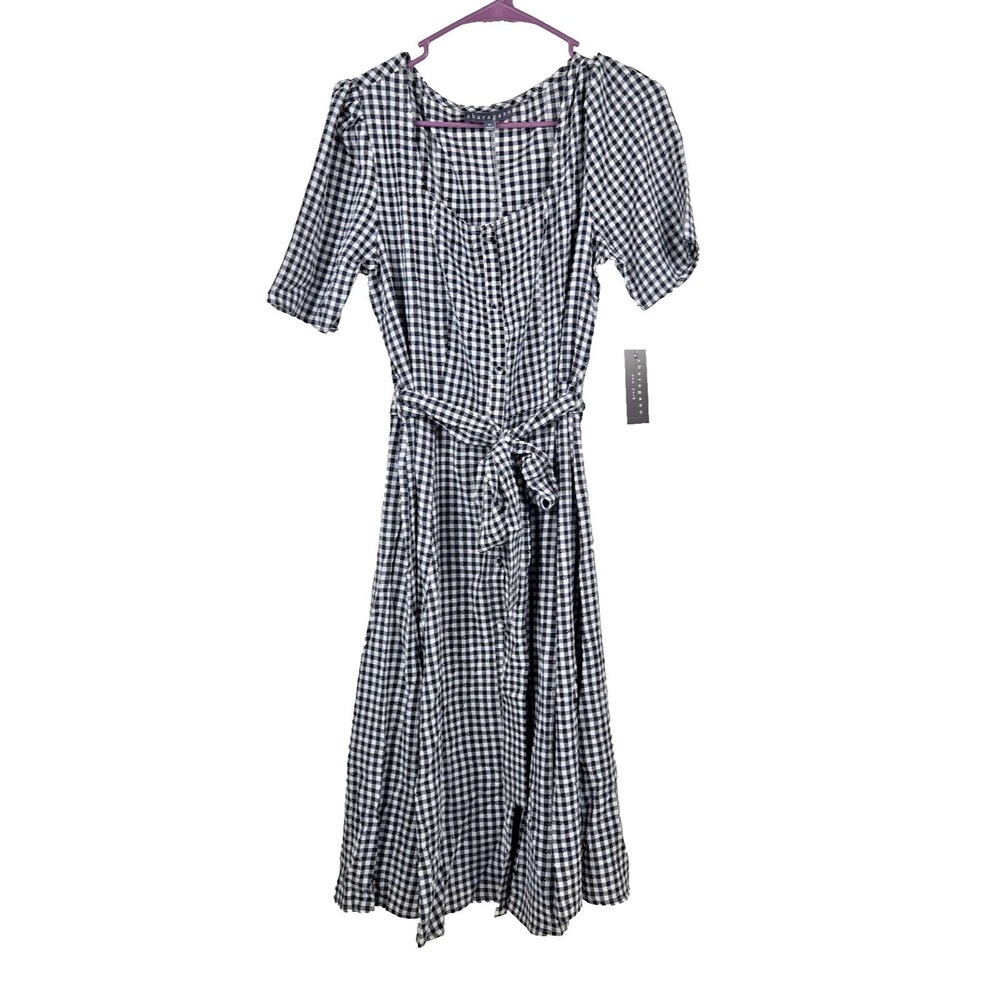 Sharagano Women's Size 10 Black‎ White Gingham Short Sleeve Waist Tie Dress NWT